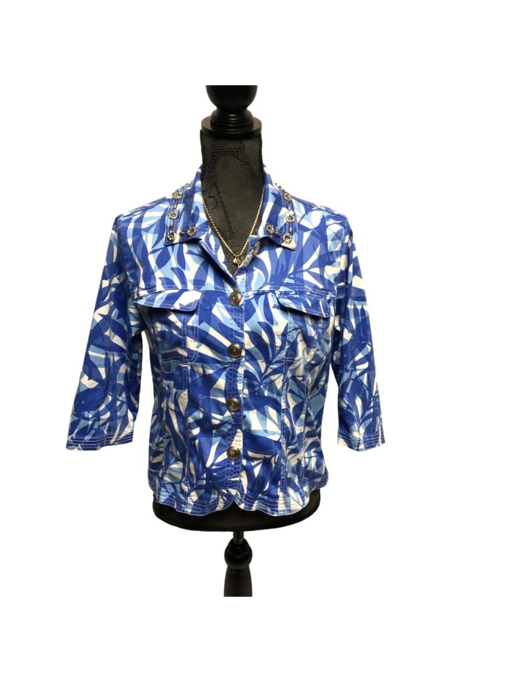 Drapers and Damons Jacket Womens Size Medium Petite Blue Gold Blazer Tropical